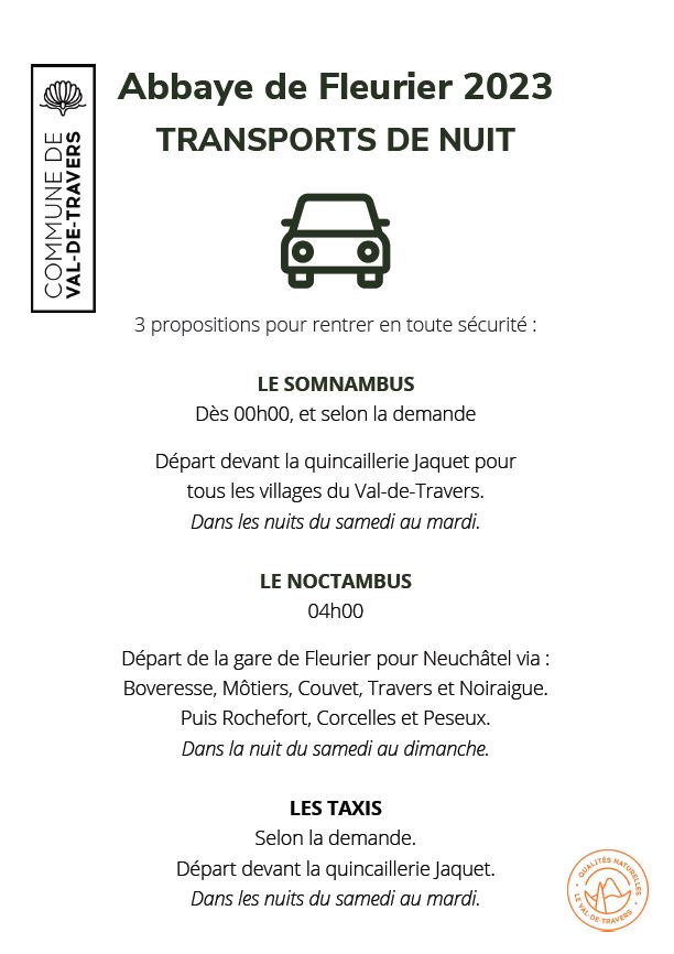 Transports de nuit Abbaye Fleurier 2023